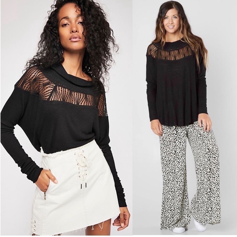 FREE PEOPLE Lace Trim Neckline‎ Oversized Dolman Long Sleeve Thermal Knit Top XS